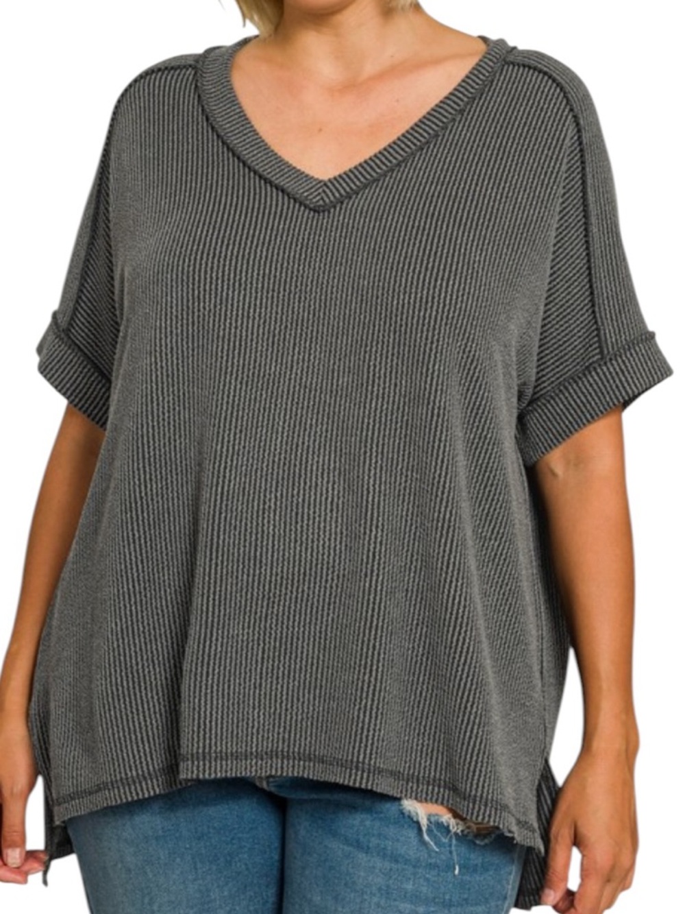 587. Plus Charcoal Stretchy Ribbed V-Neck High-Low Short Sleeve Top NEW